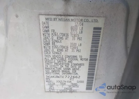 2005 Nissan Pathfinder Se z USA, uszkodzony, nr VIN 5N1AR18W25C722662